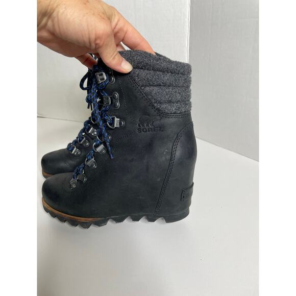 Sorel Conquest Wool Wedge Ankle Boots Womens Size 5 Black Leather Lace Up - Picture 2 of 7